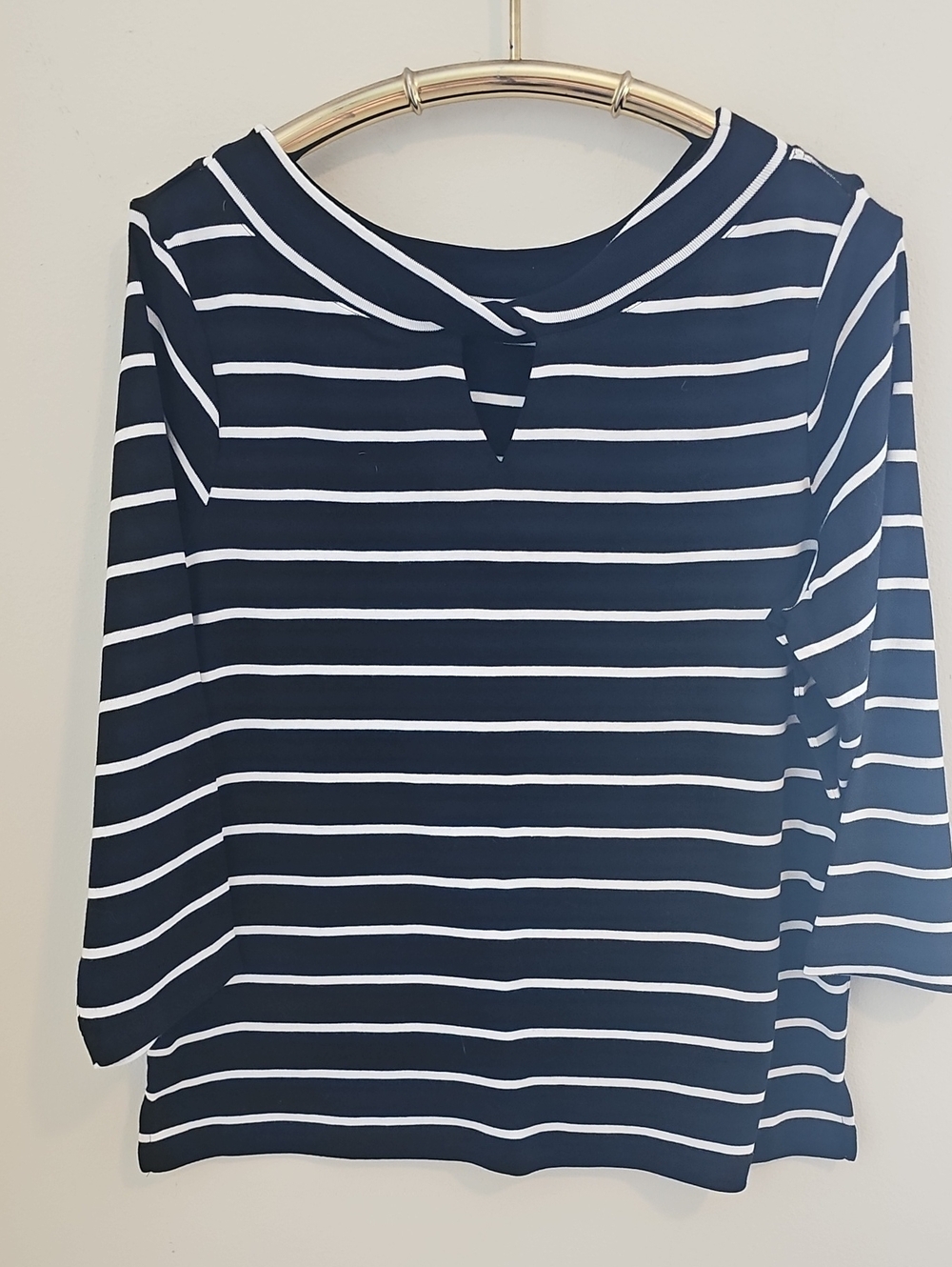 Chico's Twisted Keyhole Stripe Top Womens Sx L black White Cotton 3/4 Sleeve